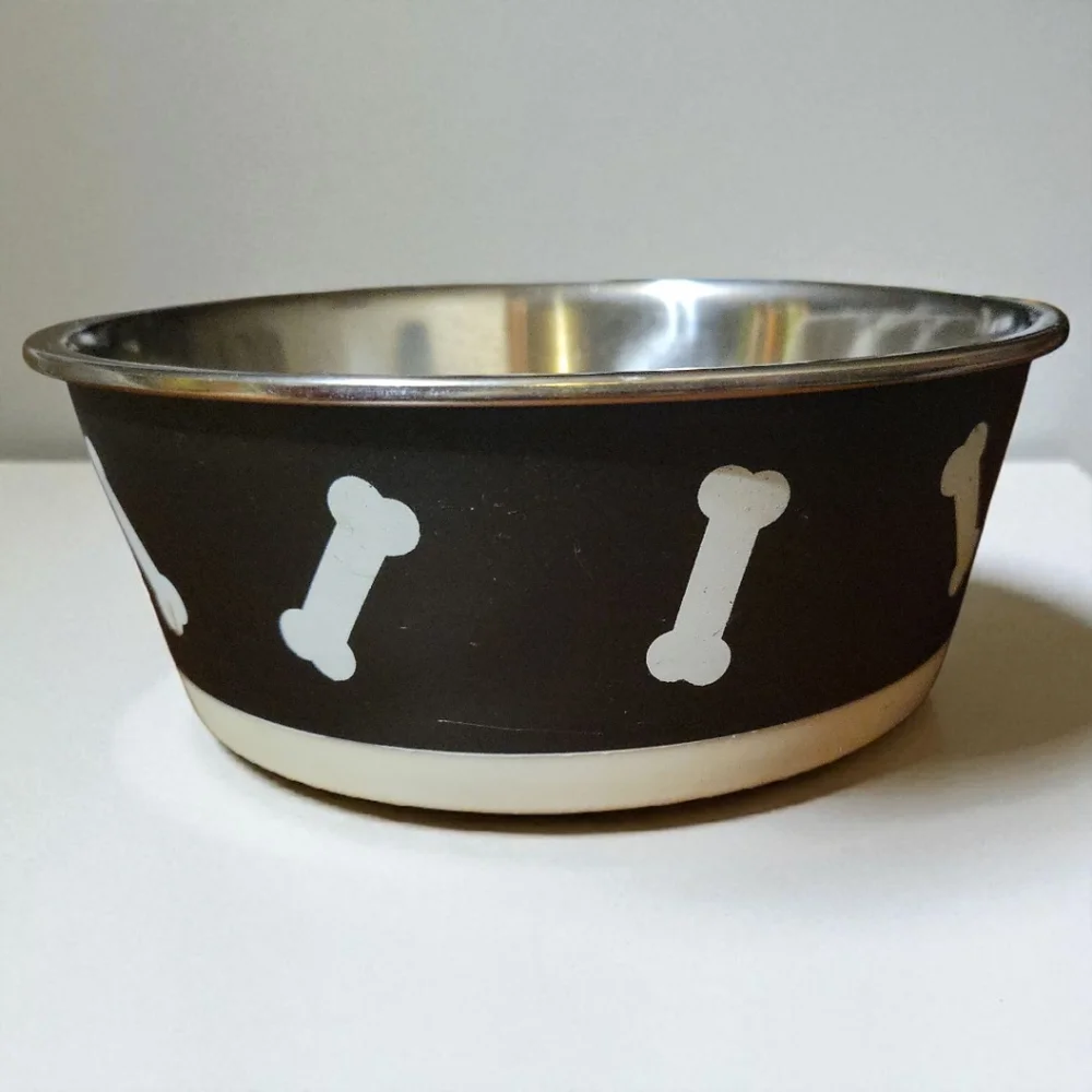NWT Vibrant Life Dog Cat Pet Dish Bowl Black White Bones Stainless 48 fl oz